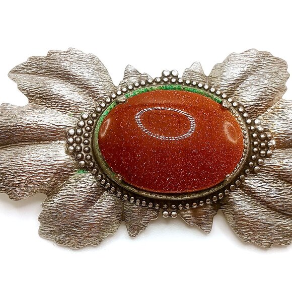 Vintage Brooch Oval Brown Goldstone Leaf Design Silver Tone Metal Textured Pin - Picture 2 of 7